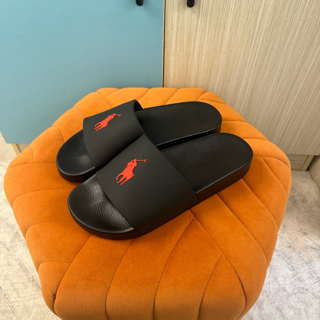 Black Slide Sandals with Orange Accent - On-foot view