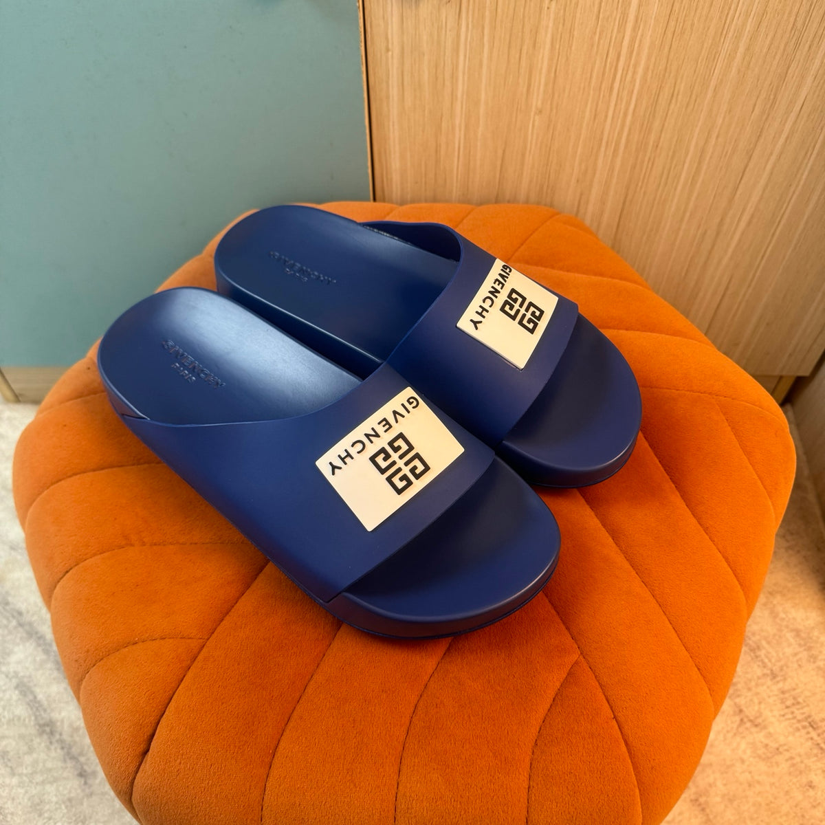 Blue Slide-On Slippers with Patterned Strap - Right side view