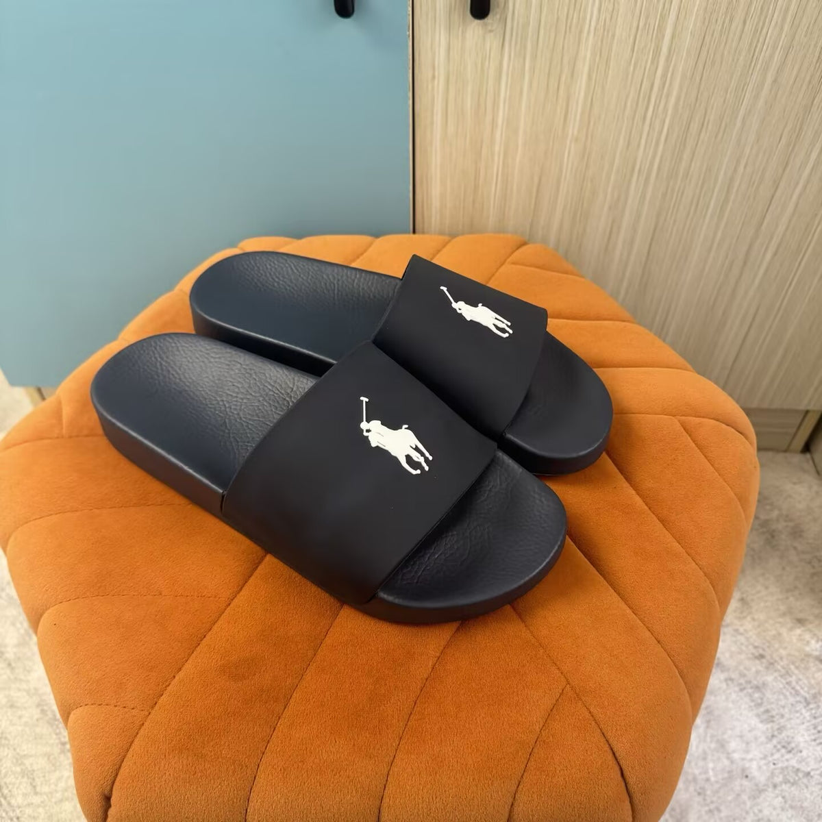 Black Slide Sandals with Embossed Sole - Outsole view