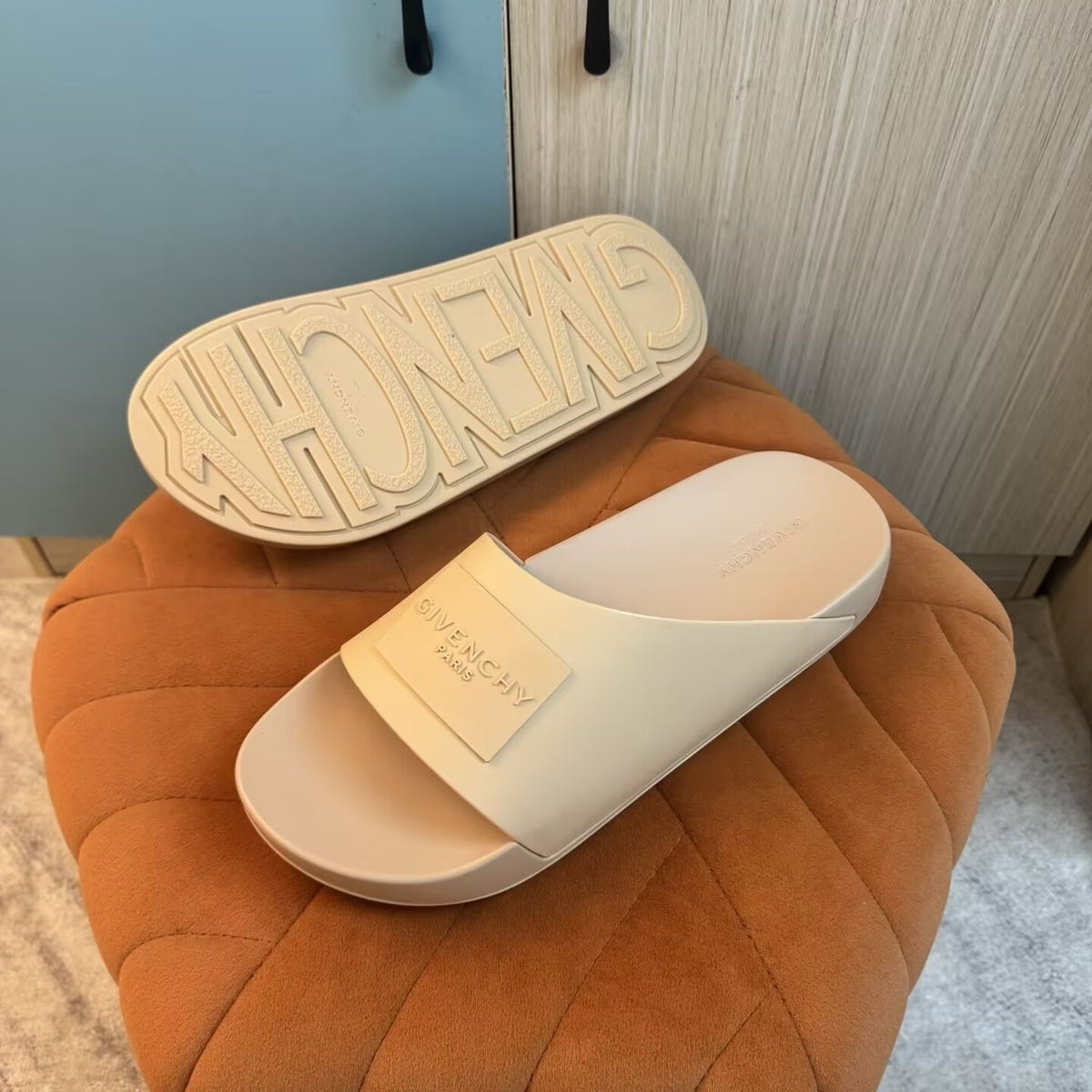 Beige Slide-On Slippers with Quilted Upper - Right side view