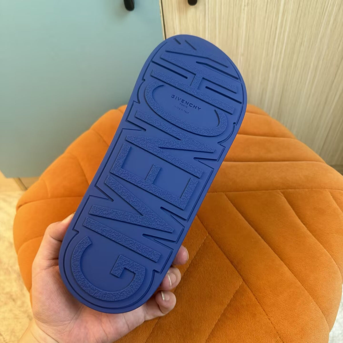 Blue Graphic Print Slide Sandals - Back view