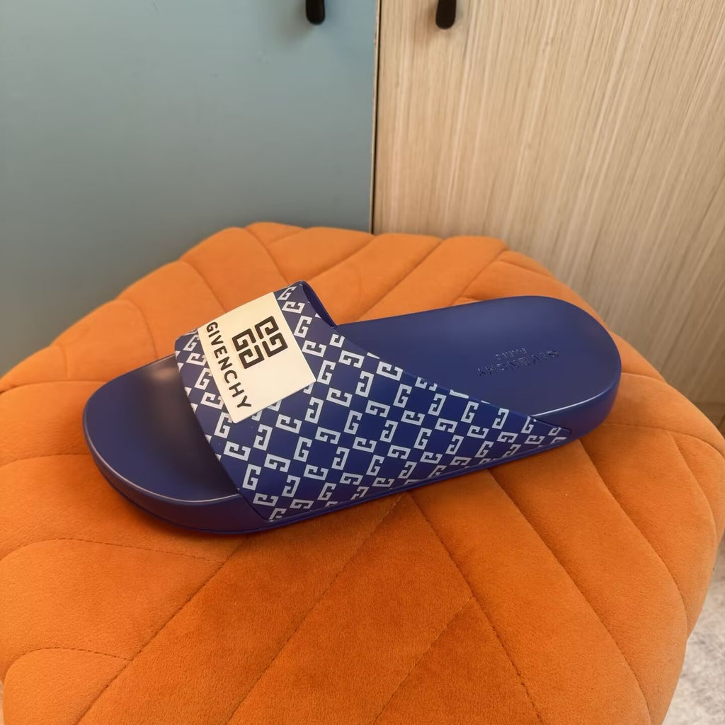 Blue Slide Sandals with Patterned Strap - On-foot view