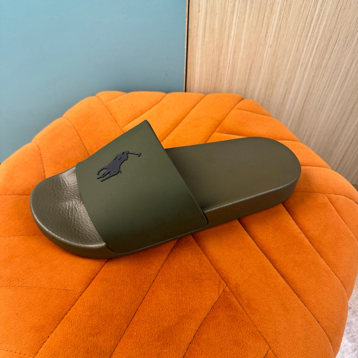Olive Green Slide Sandals with Embossed Logo - Back view