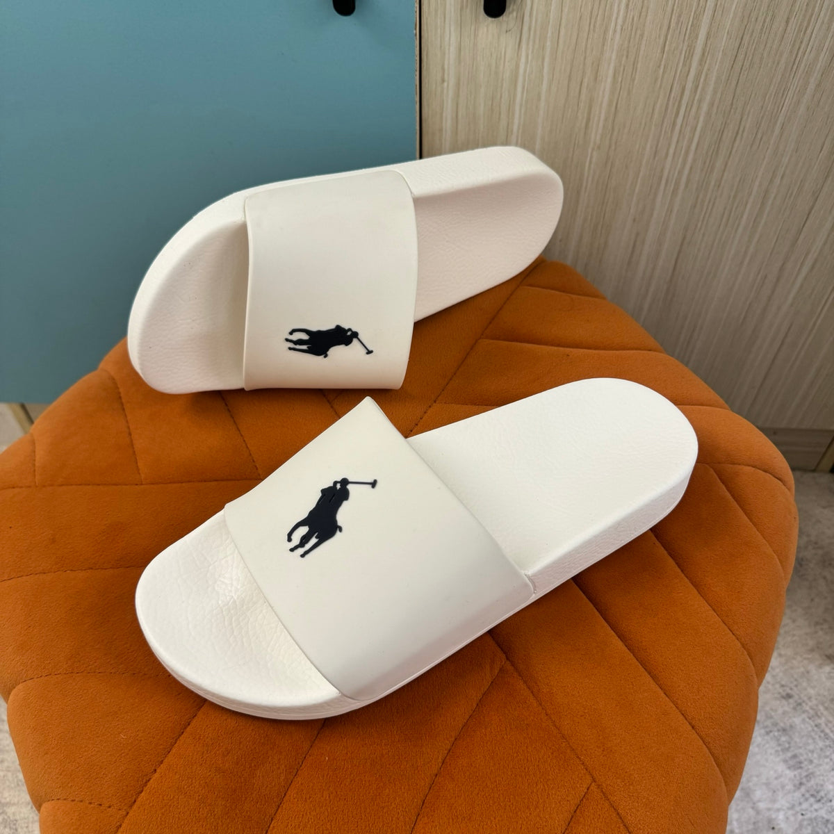White Slide Sandals with Embossed Logo - Back view