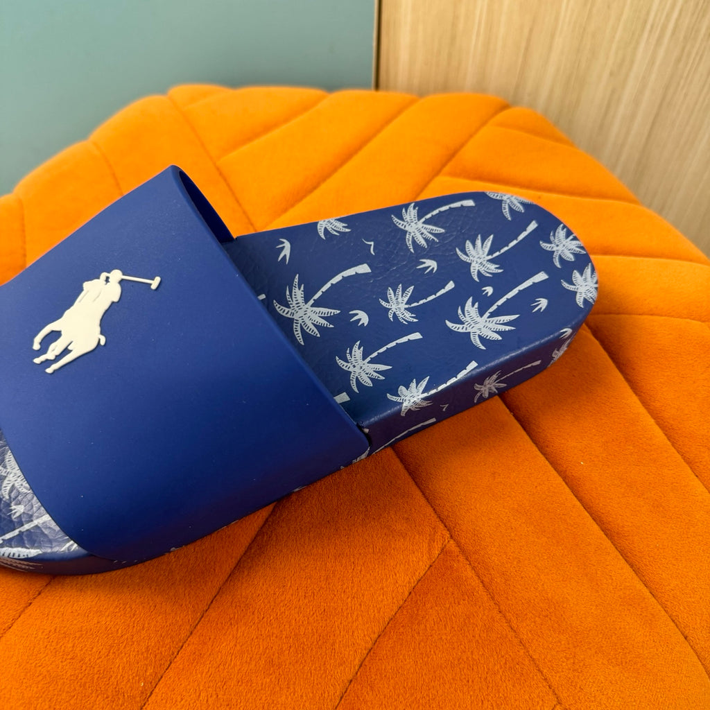 Blue Slide Sandals with Palm Tree Pattern - Left side view