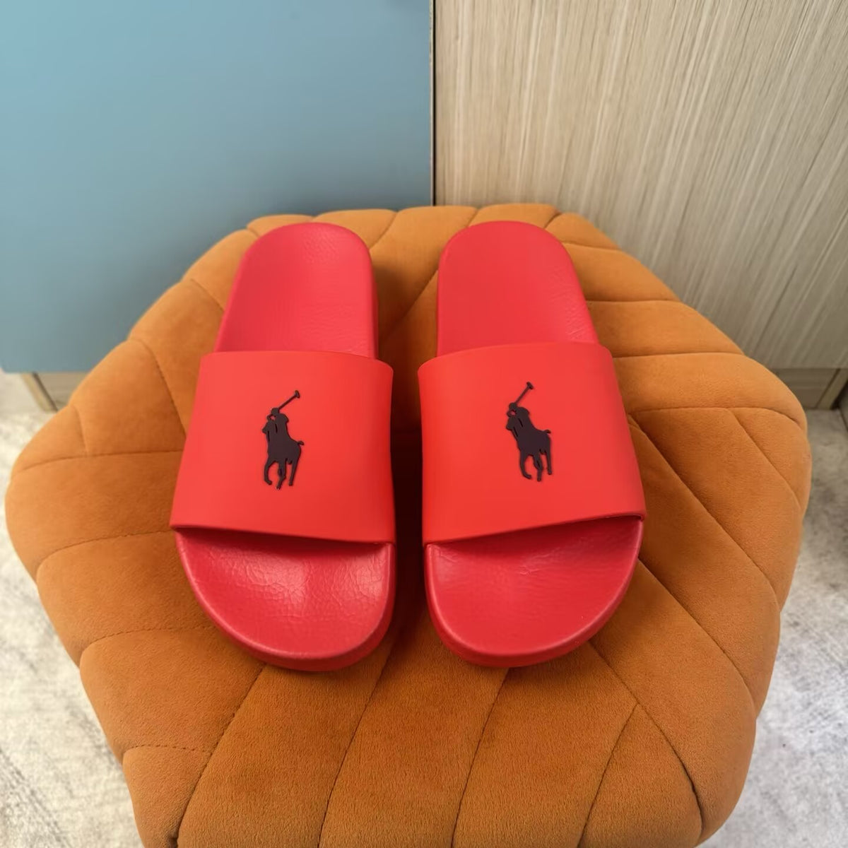 Red Slide Sandals with Embossed Logo - Left side view