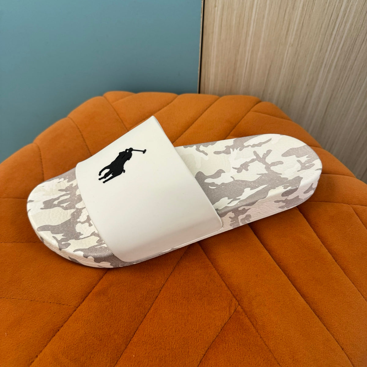 White Camouflage Slide Sandals with Textured Sole - Left side view