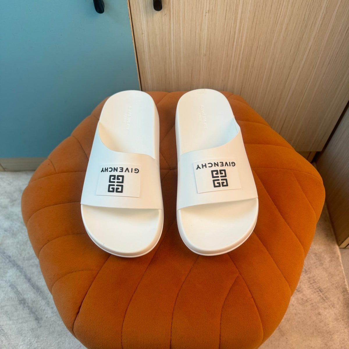 White Slide Sandals with Embossed Sole - On-foot view