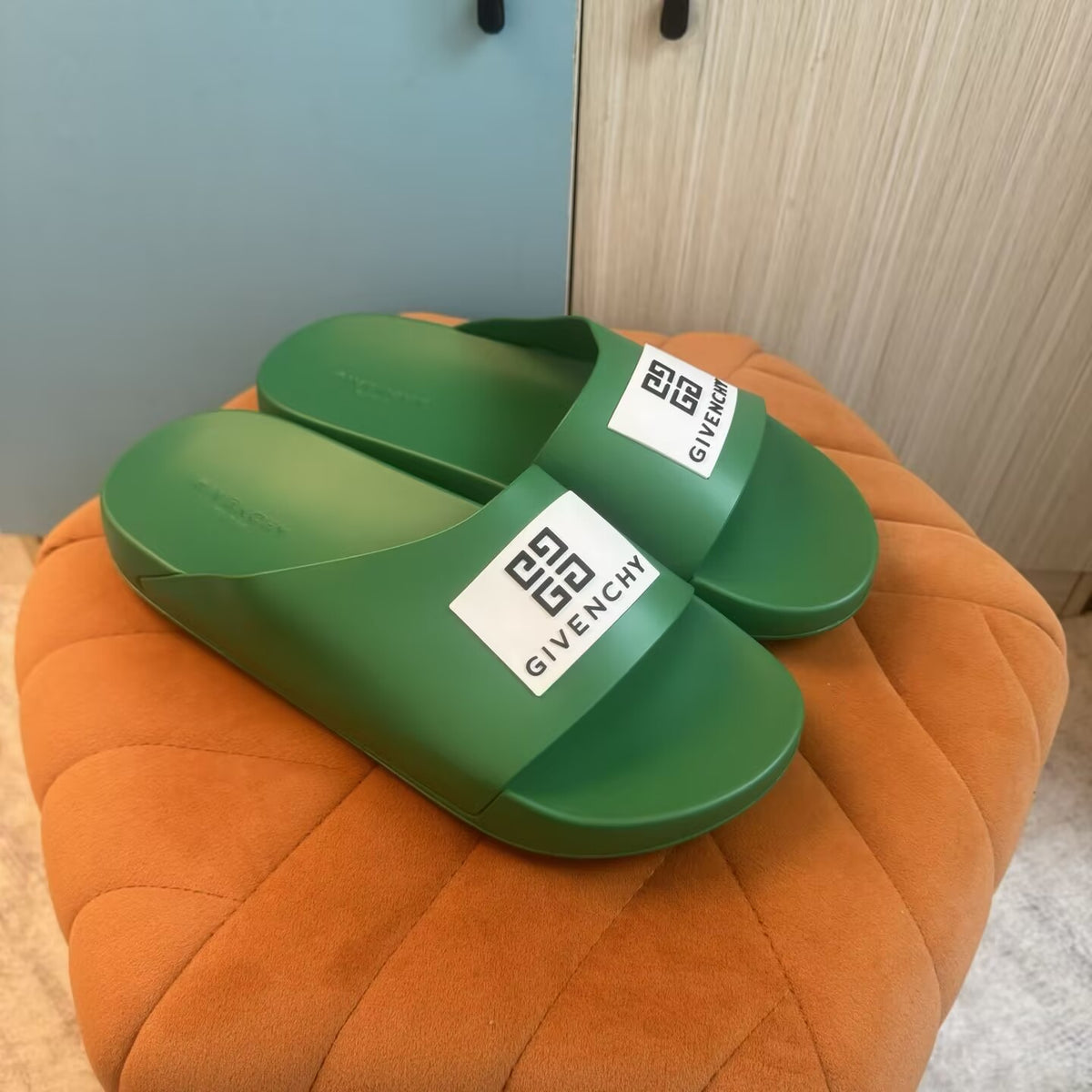 Green Slide Slippers with Brand Patch - Right side view
