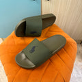 Olive Green Slide Sandals with Embossed Logo - Left side view