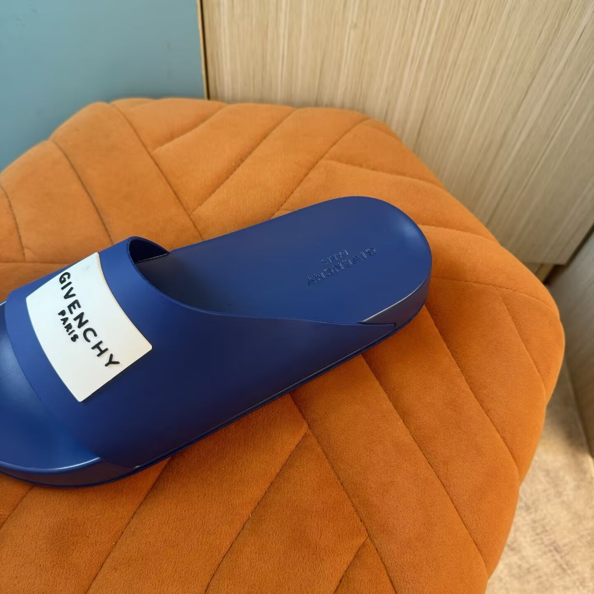 Blue Slide Sandals with Orange Accent - Back view
