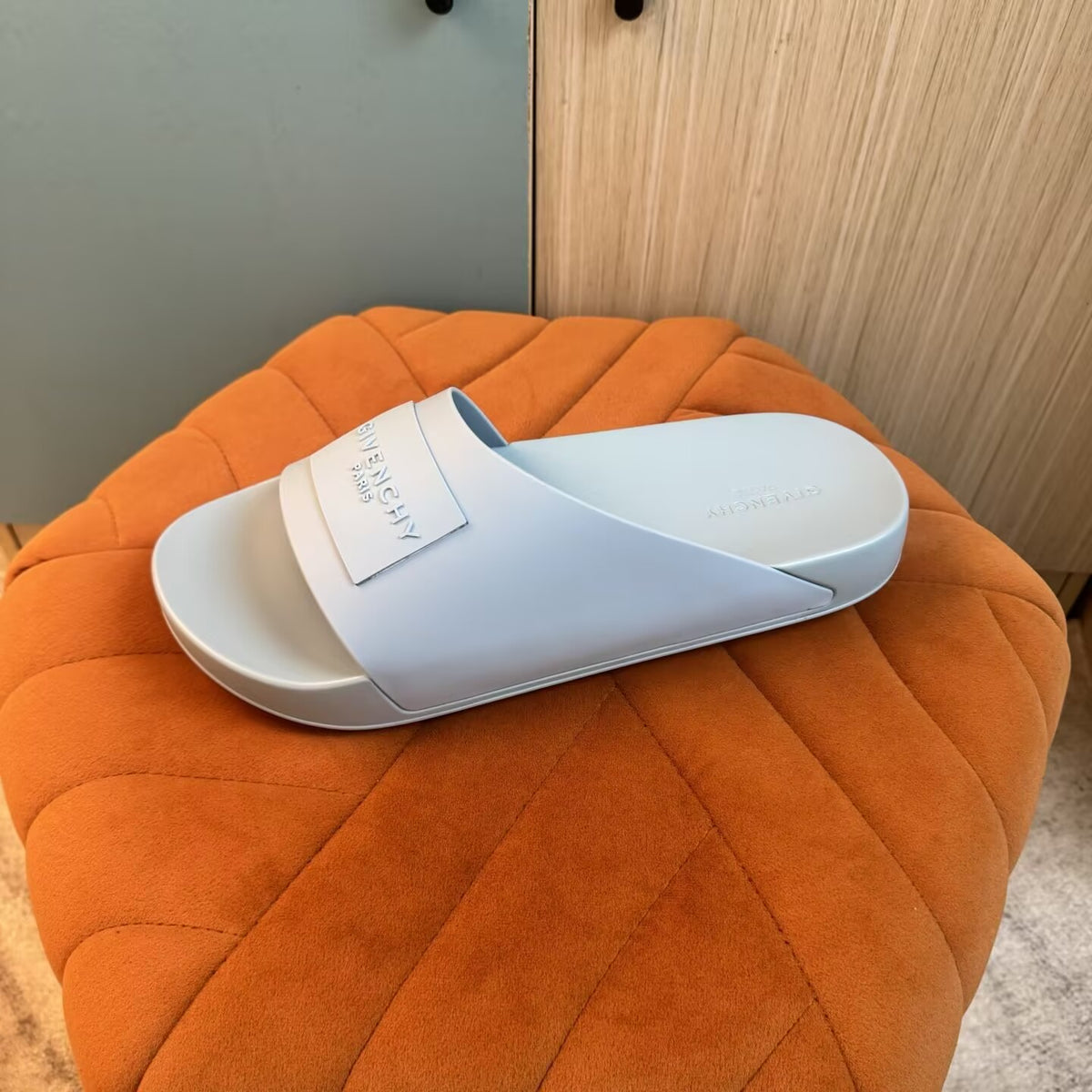 Light Blue Slide Sandals with Orange Accent - Left side view