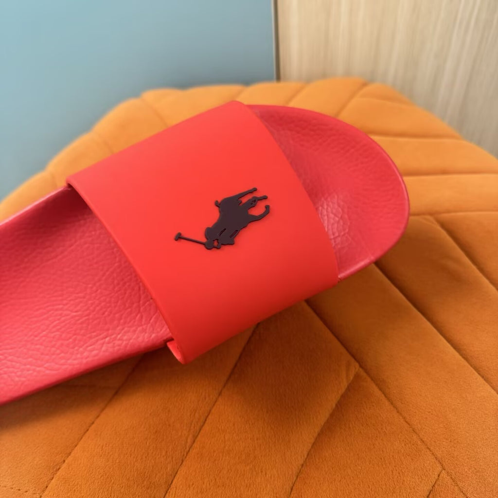 Red Slide Sandals with Embossed Logo - Outsole view