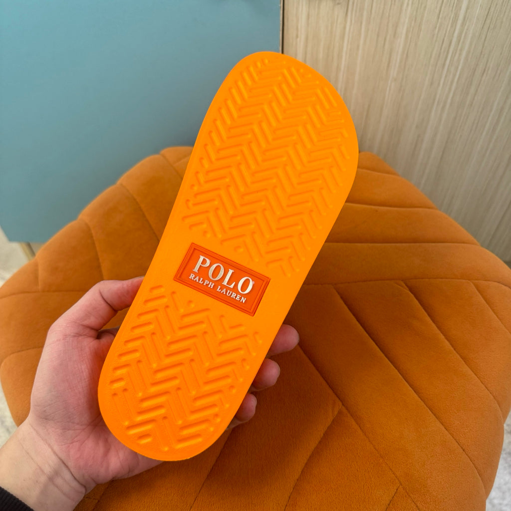 Orange Slide Sandals with White Strap - Left side view