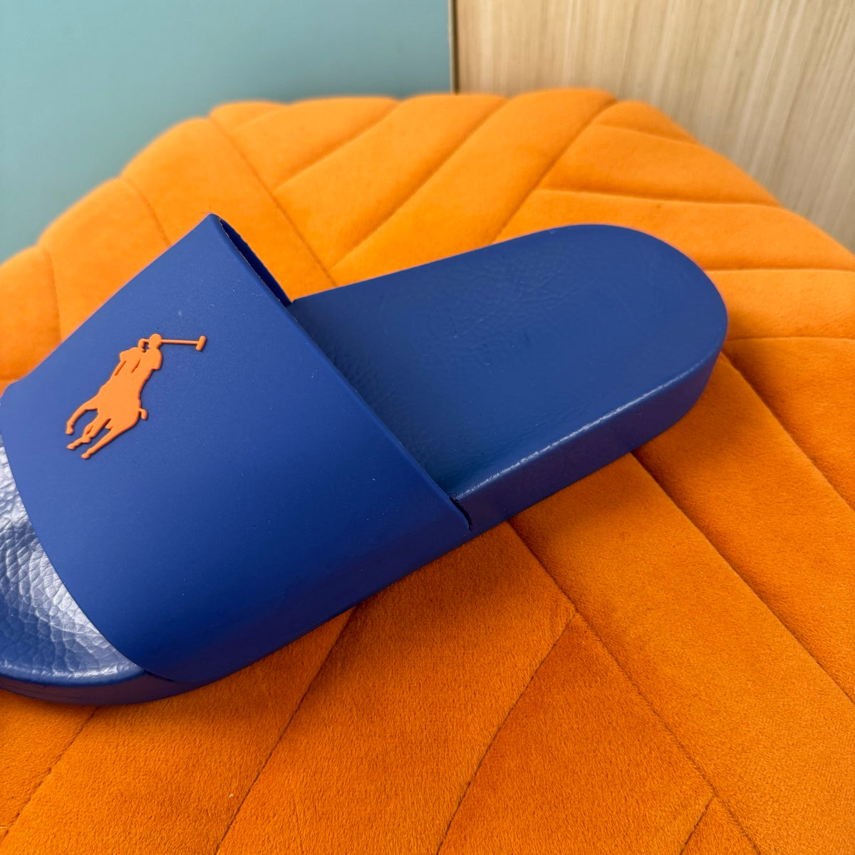 Blue Slide Sandals with Orange Accent - Back view