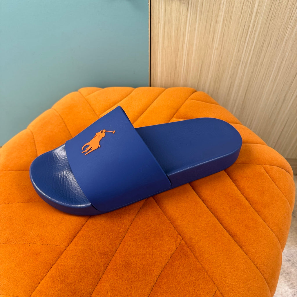 Blue Slide Sandals with Orange Accent - Left side view