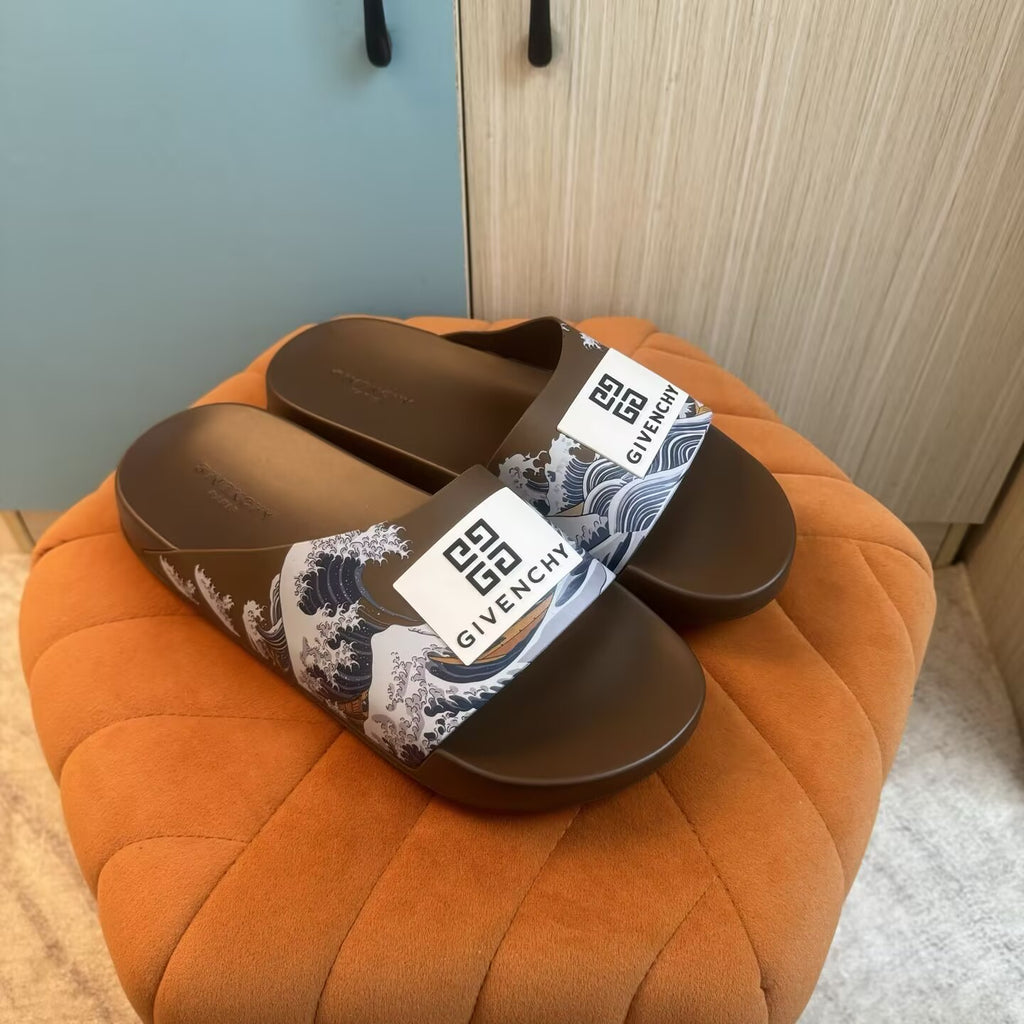 Brown Graphic Print Slide Sandals - Main view