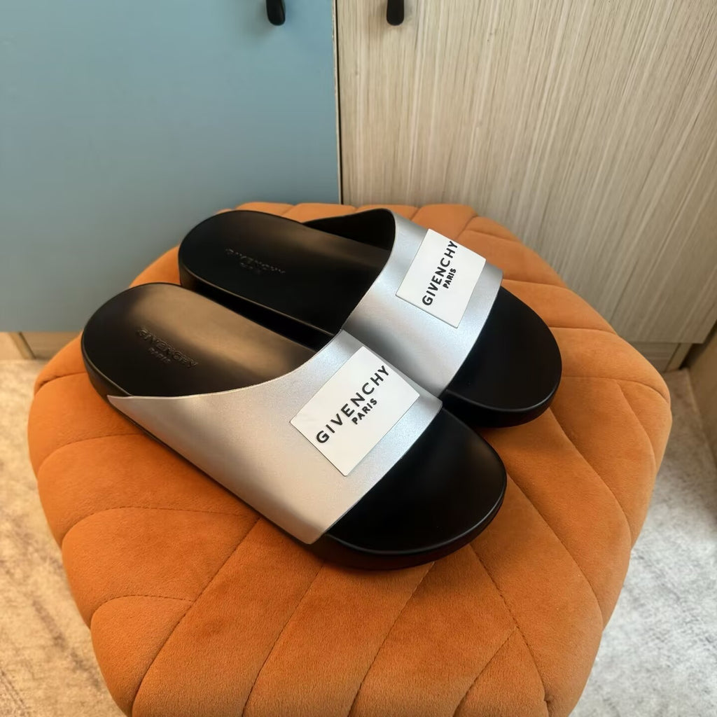 Black Slide Sandals with Silver Strap - Main view
