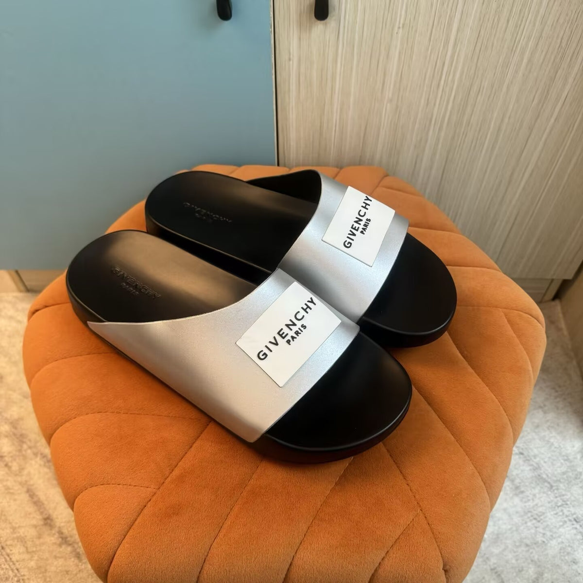 Black Slide Sandals with Silver Strap - Main view