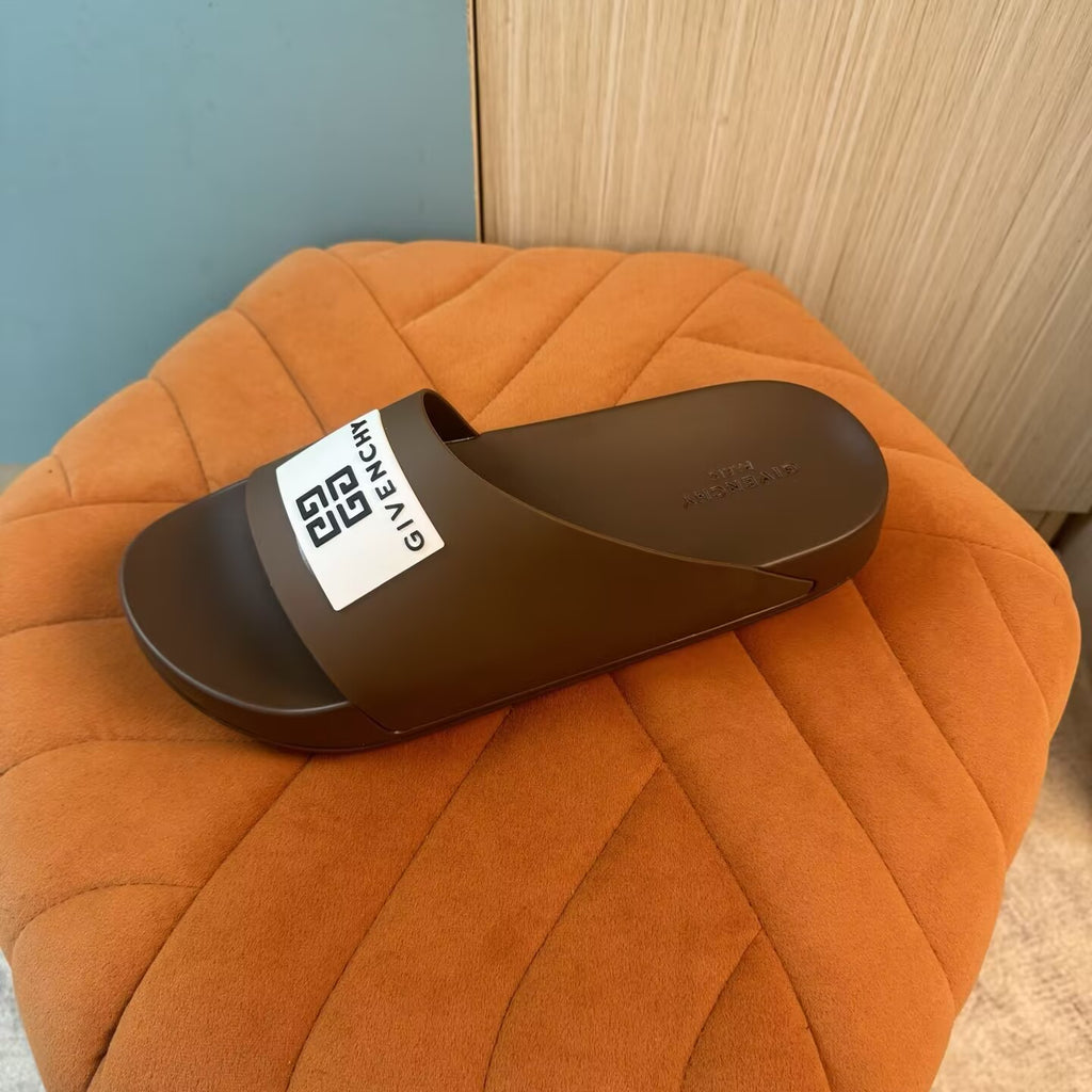 Brown Slide Sandals with Patterned Strap - On-foot view