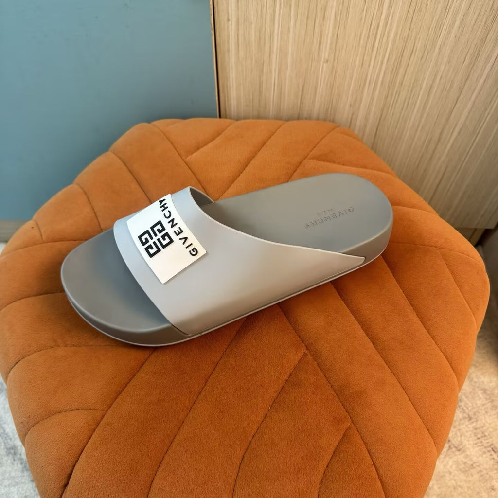Gray Slide Slippers with Embossed Sole - On-foot view
