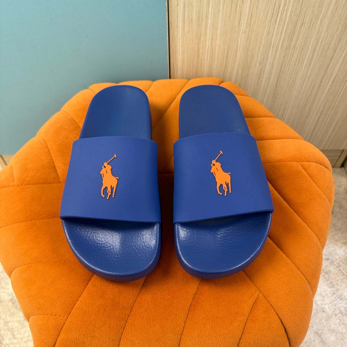Blue Slide Sandals with Orange Accent - On-foot view