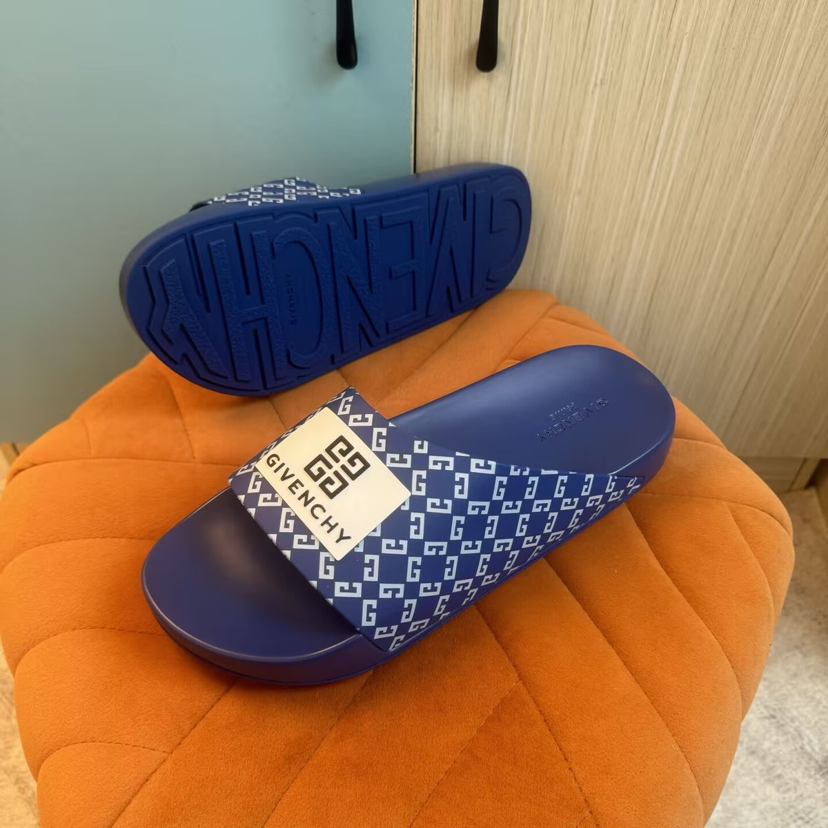 Blue Slide Sandals with Patterned Strap - Right side view