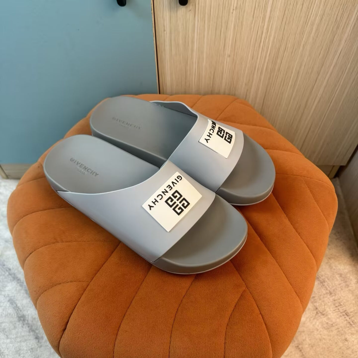 Gray Slide Slippers with Embossed Sole - Outsole view