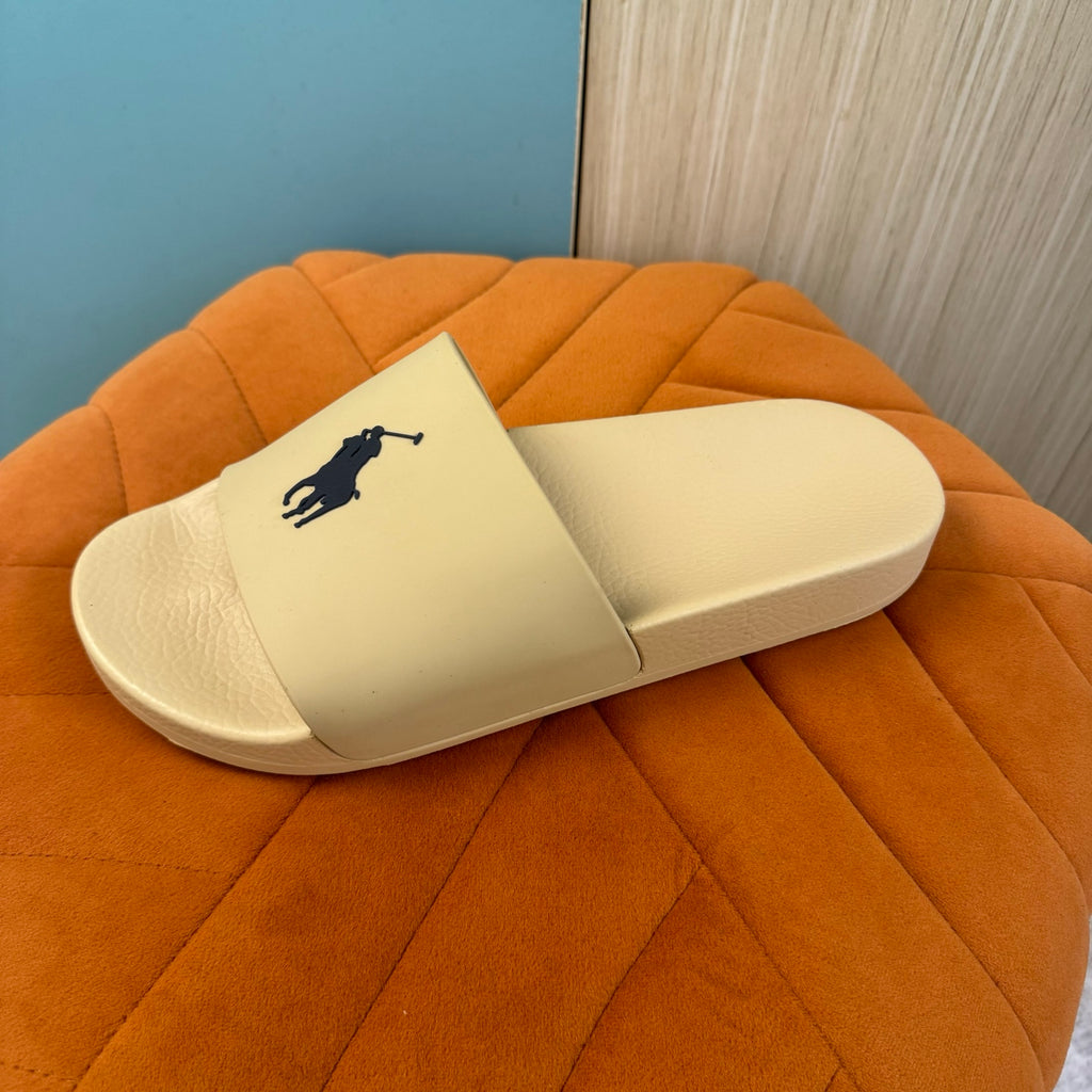 Cream Slide Sandals with Embossed Logo - On-foot view