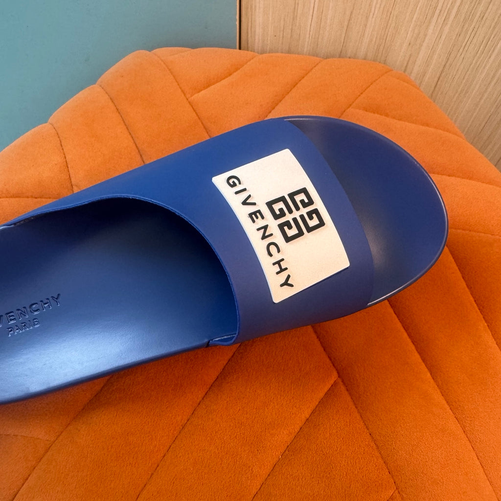 Blue Slide-On Slippers with Patterned Strap - On-foot view