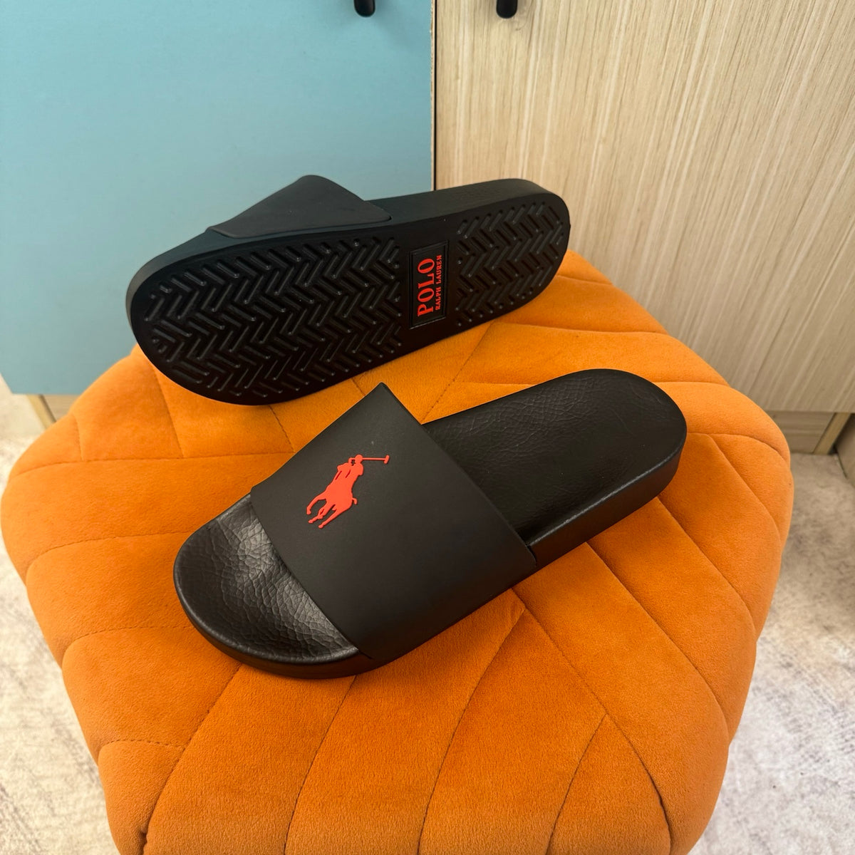 Black Slide Sandals with Orange Accent - Back view