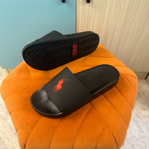 Black Slide Sandals with Orange Accent - Back view