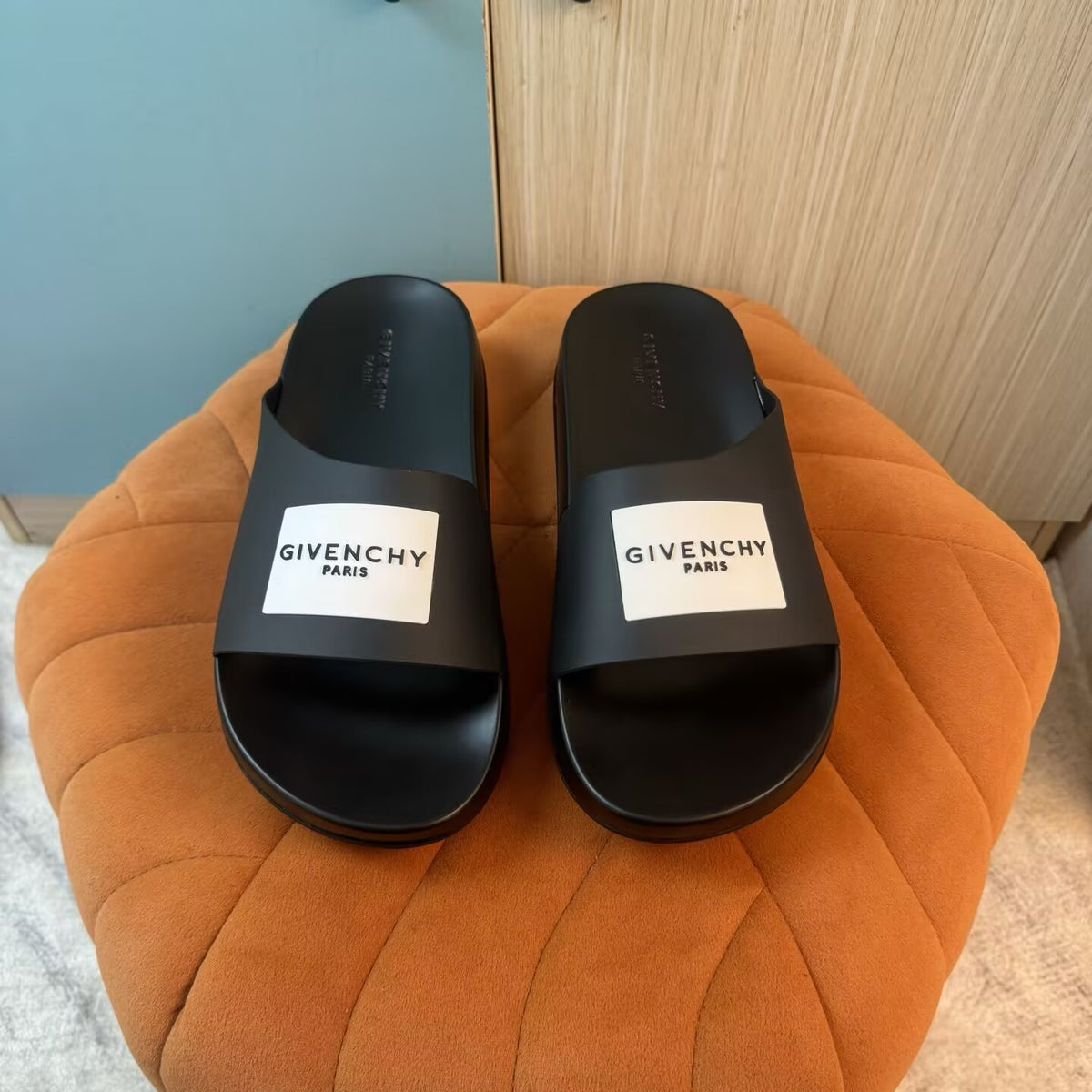 Black Slide Sandals with Embossed Sole - Outsole view