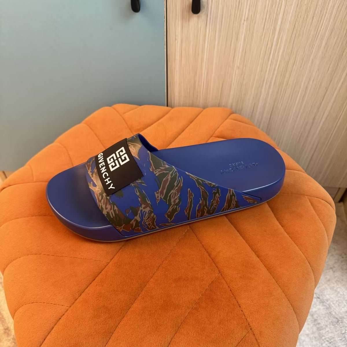 Blue Camouflage Slide-On Slippers with Patterned Upper - On-foot view