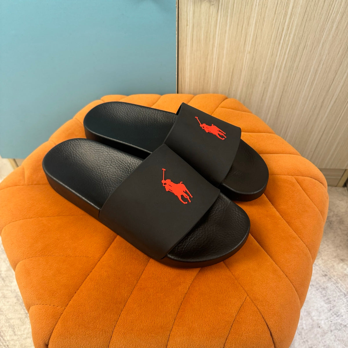 Black Slide Sandals with Orange Accent - Left side view