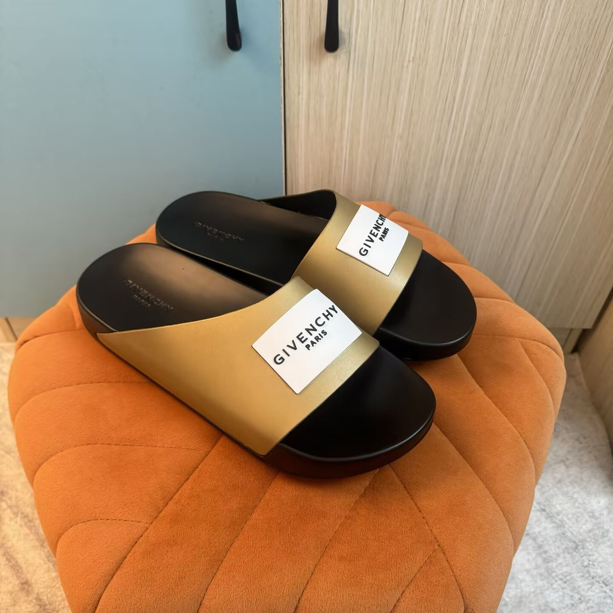 Black Slide Sandals with Gold Accents - Right side view