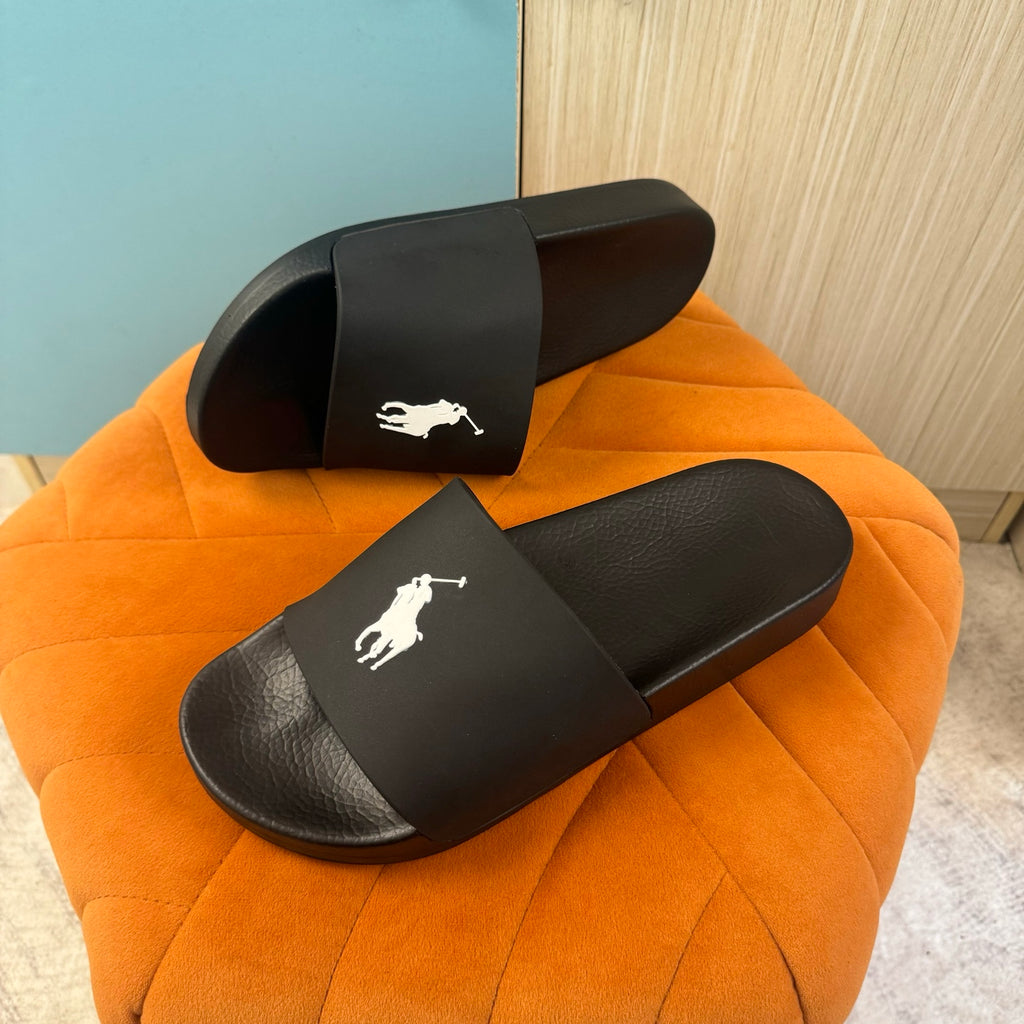 Black Slide Sandals with Textured Strap - On-foot view