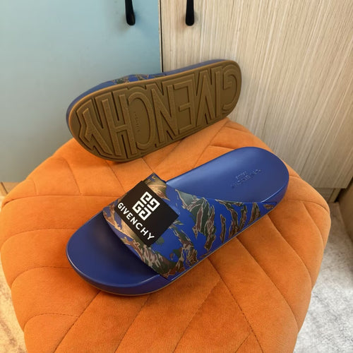Blue Camouflage Slide-On Slippers with Patterned Upper - Right side view