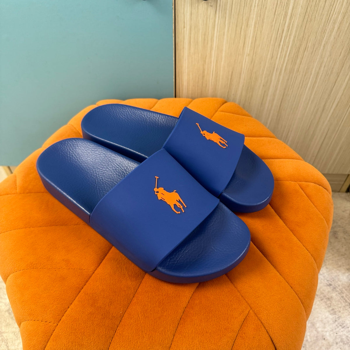 Blue Slide Sandals with Orange Accent - Main view