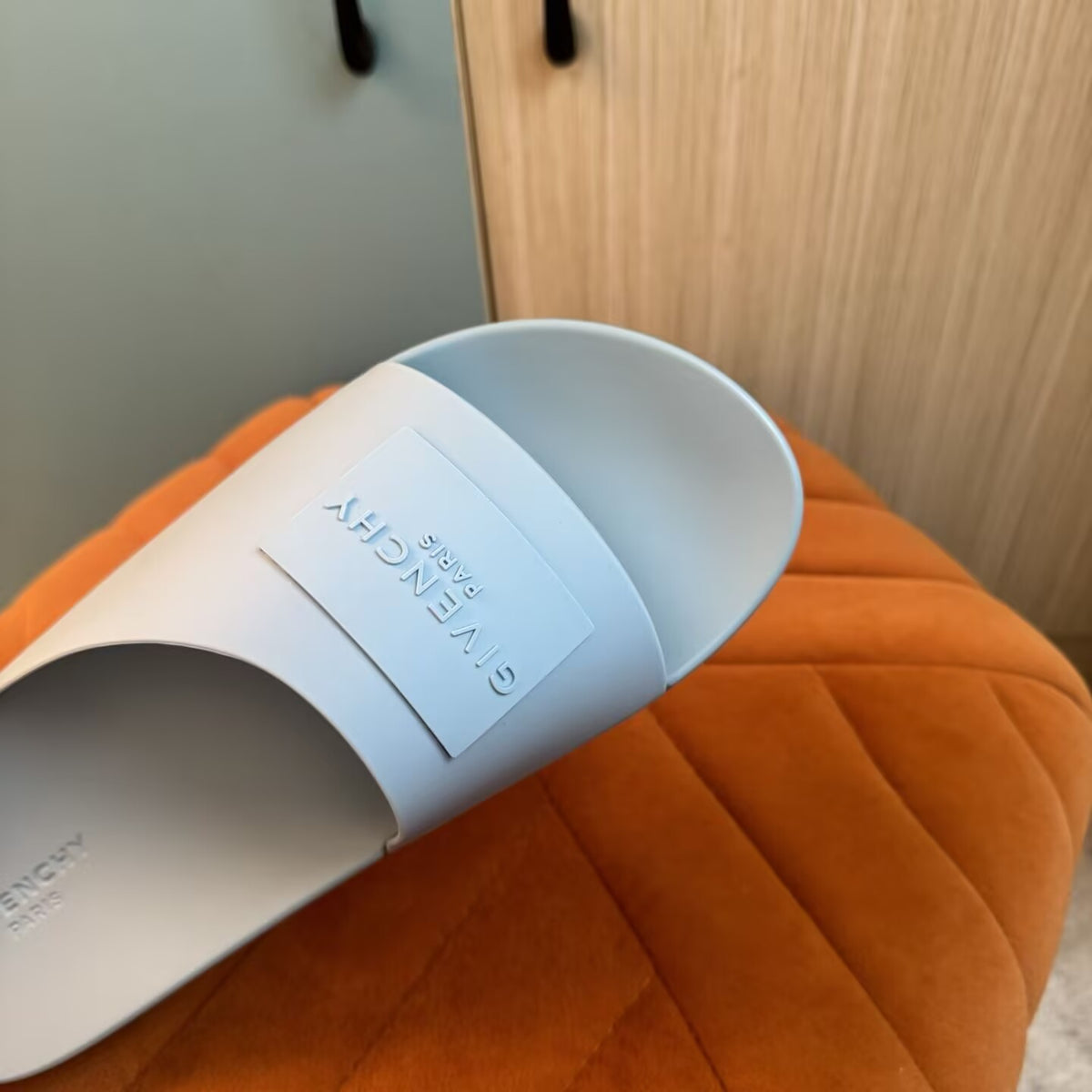 Light Blue Slide Sandals with Orange Accent - Right side view