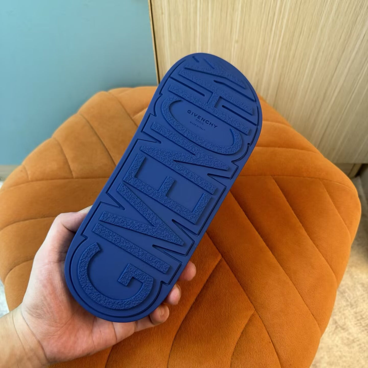 Blue Slide Sandals with Orange Accent - Outsole view