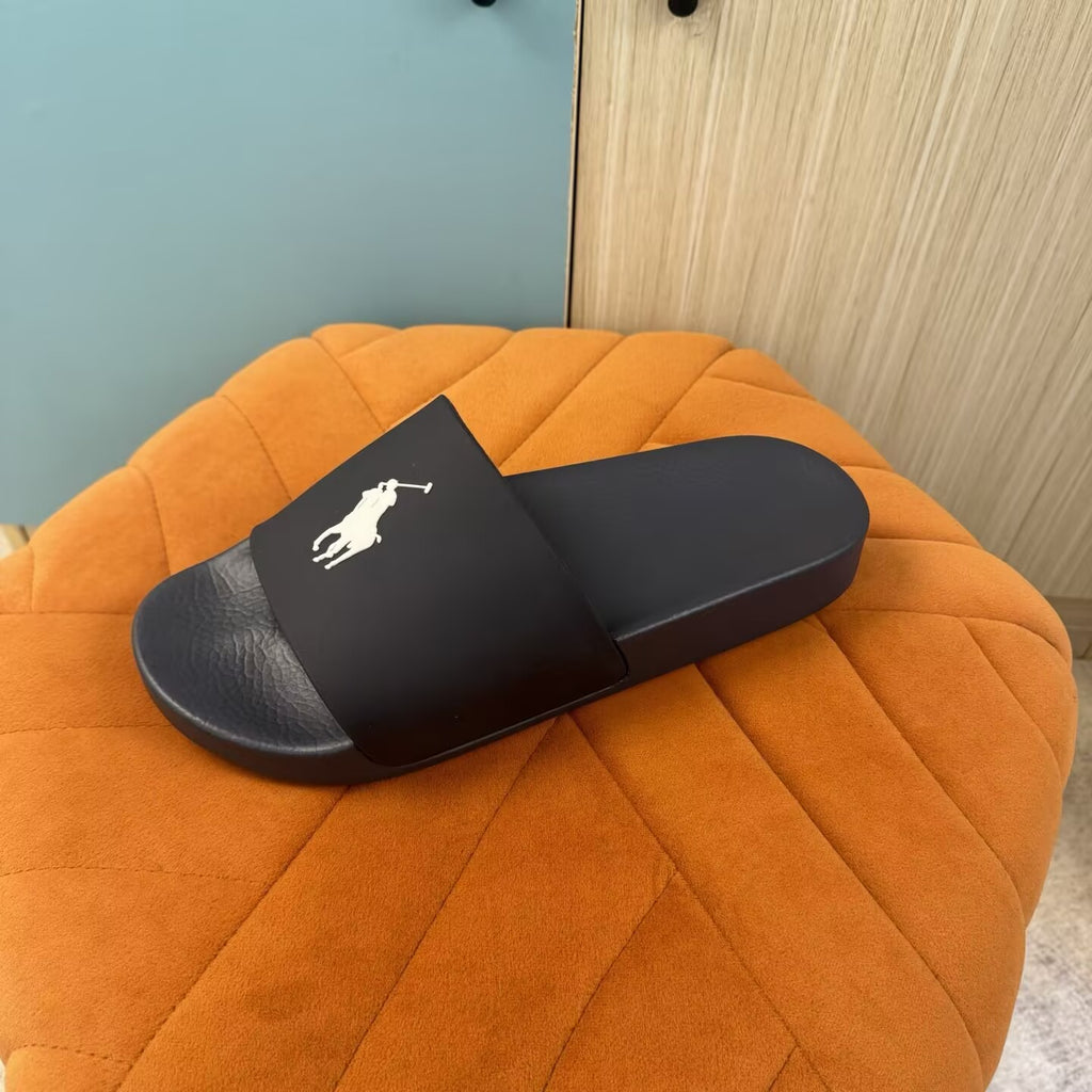 Black Slide Sandals with Embossed Sole - Back view