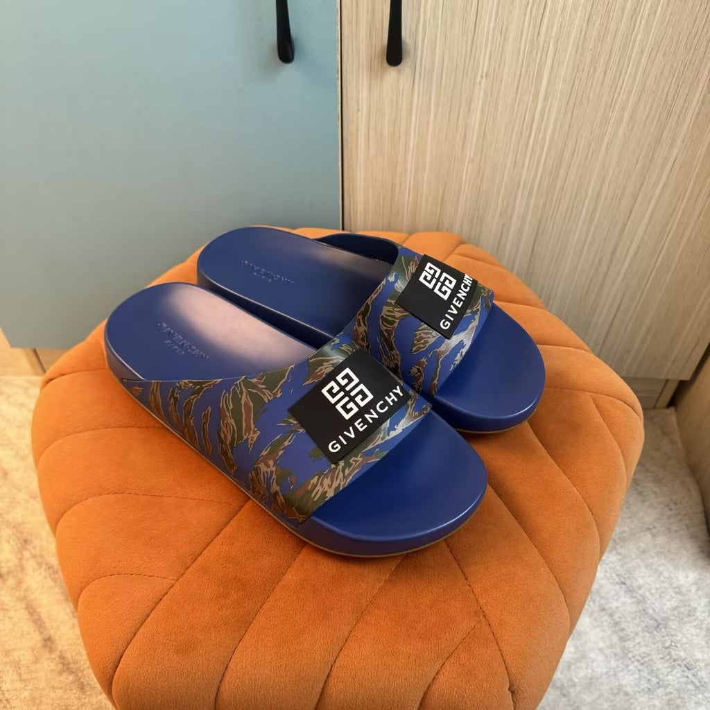 Blue Camouflage Slide-On Slippers with Patterned Upper - Outsole view