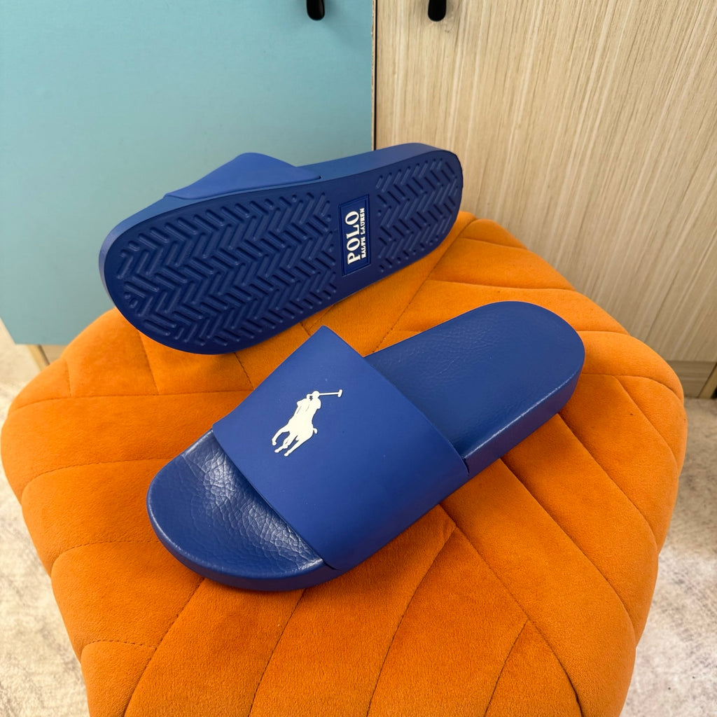 Blue Slide Sandals with Embossed Logo - On-foot view
