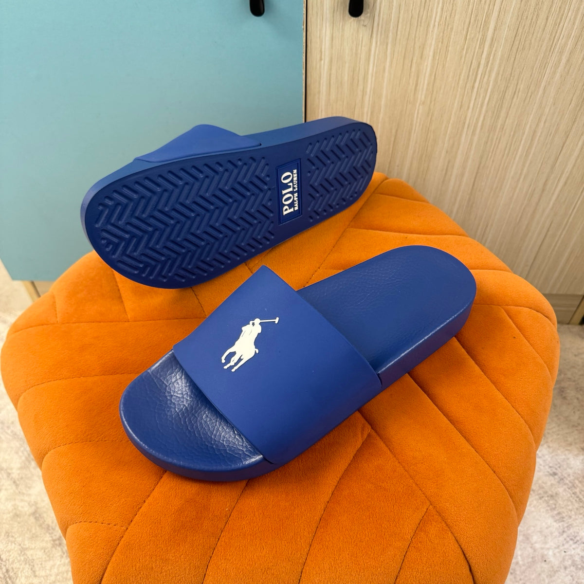 Blue Slide Sandals with Embossed Logo - On-foot view
