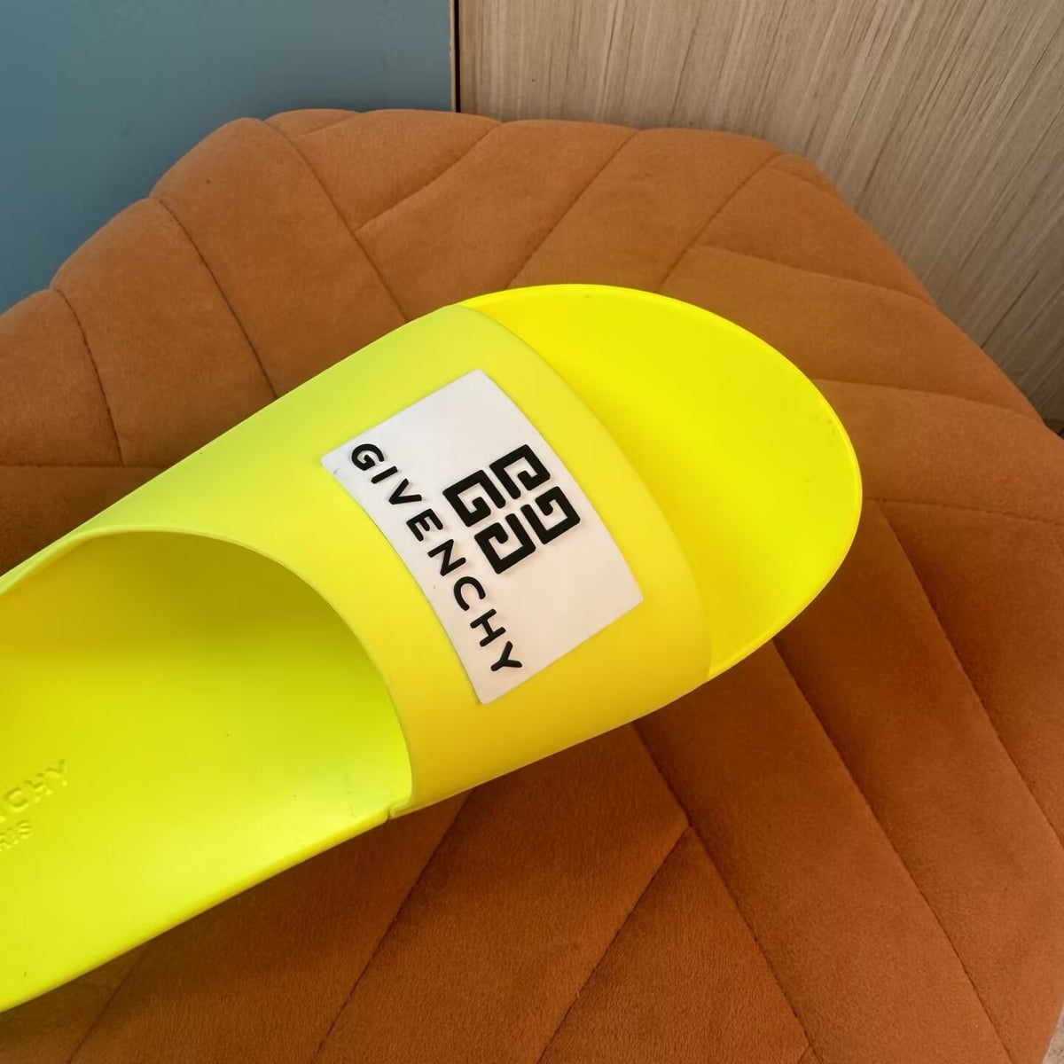 Yellow Open-Toe Slippers with Patterned Strap - Right side view