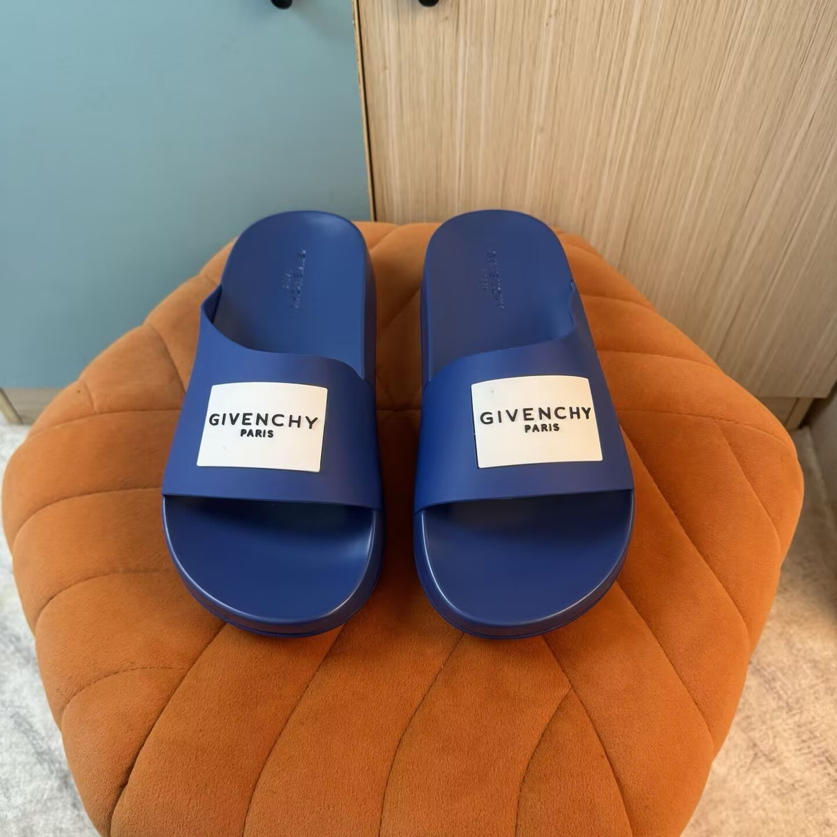 Blue Slide Sandals with Orange Accent - On-foot view