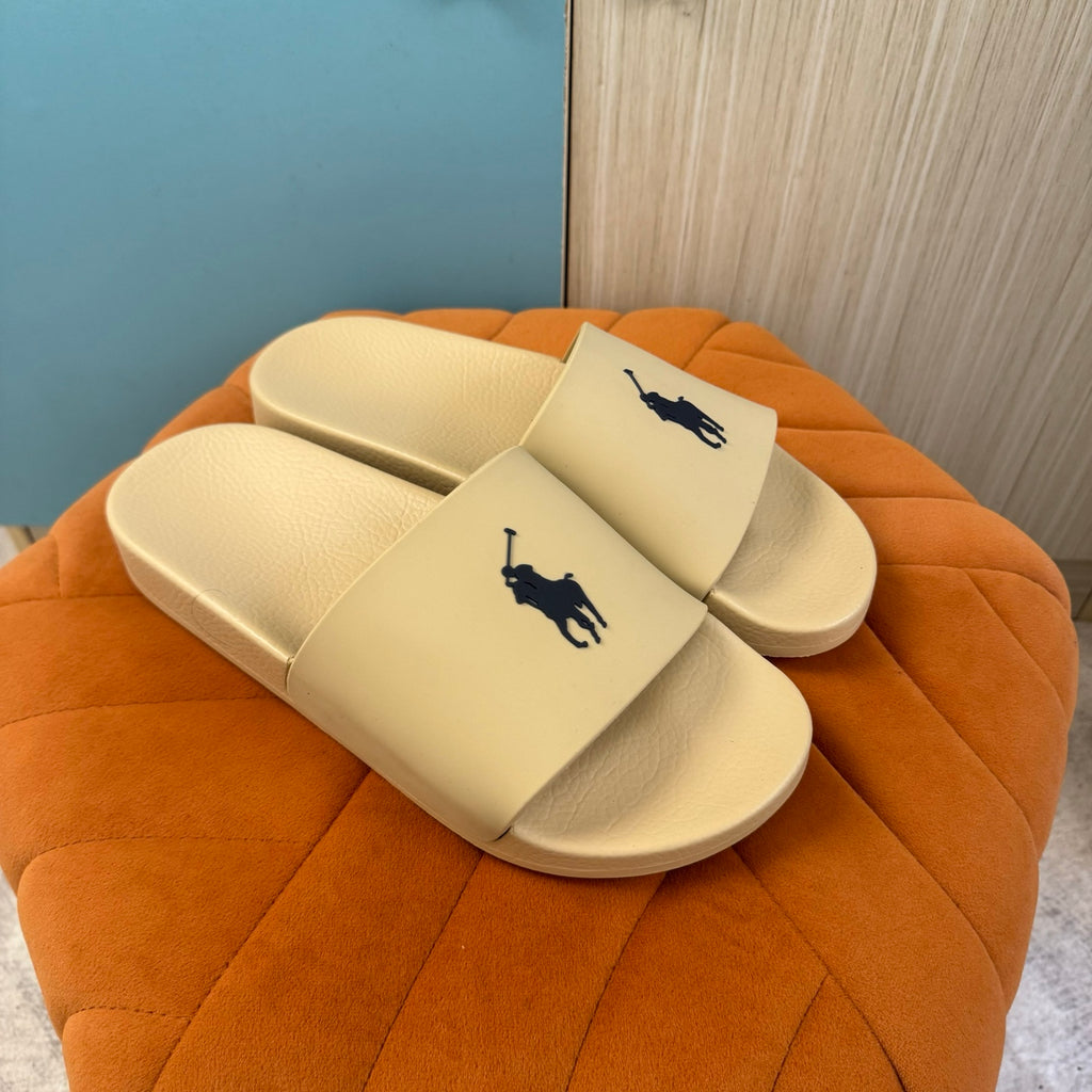 Cream Slide Sandals with Embossed Logo - Outsole view