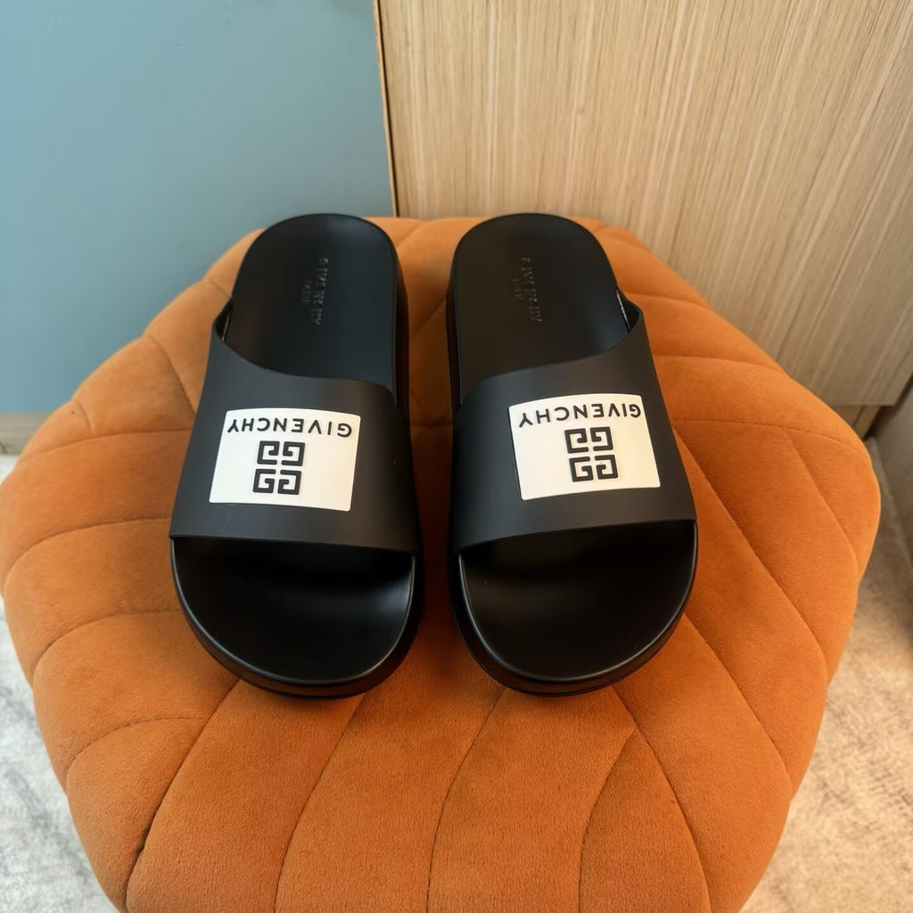 Black Slides with White Logo Patch - Left side view