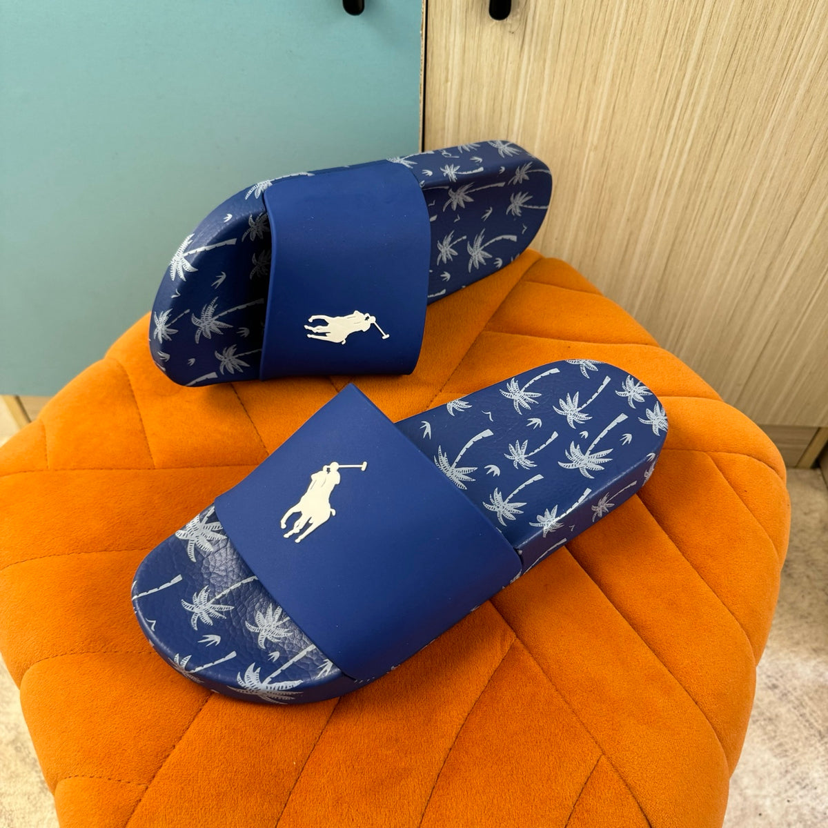 Blue Slide Sandals with Palm Tree Pattern - On-foot view